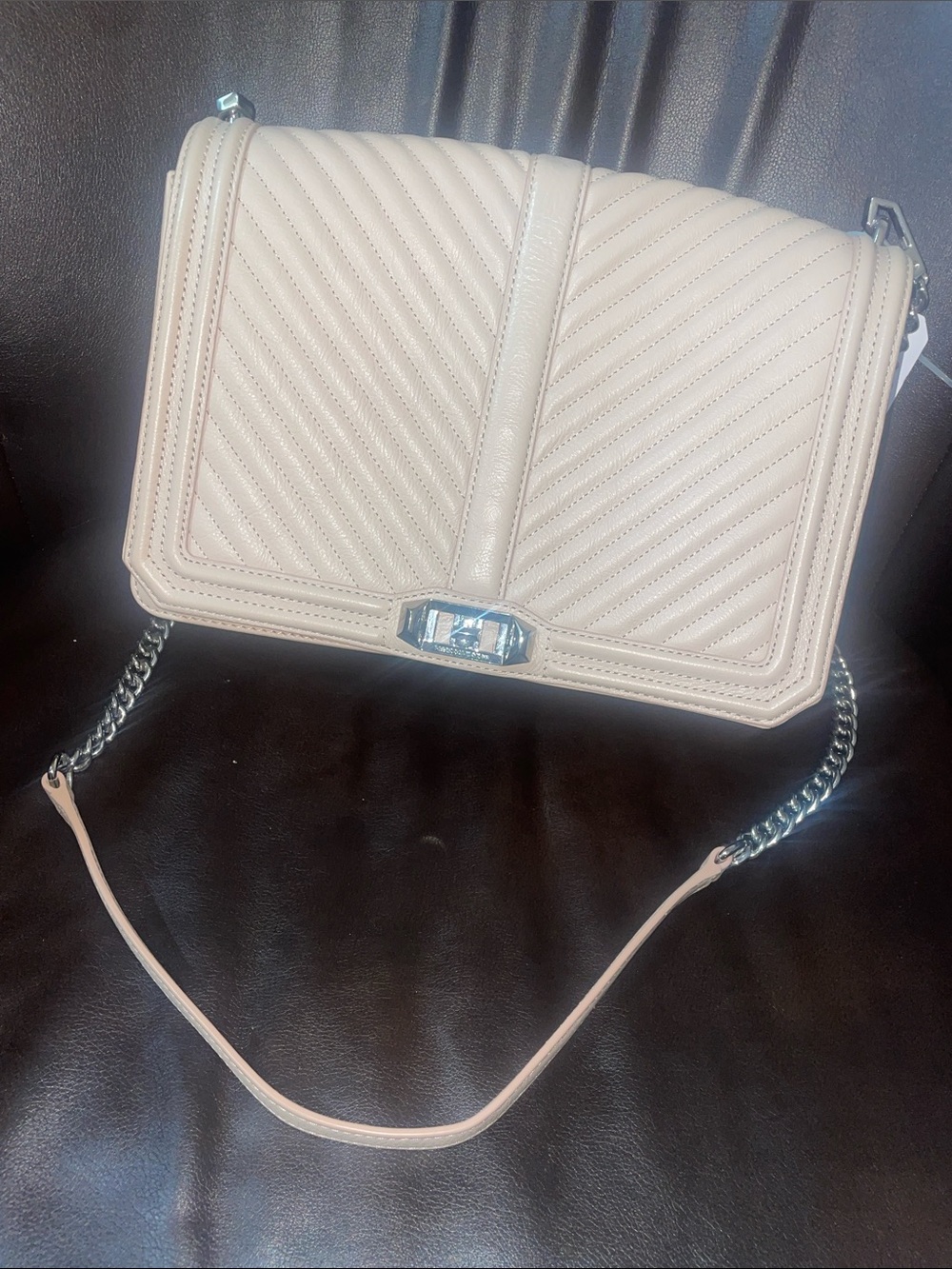 Rebecca Minkoff Quilted Chevron Crossbody in Light Beige with Silver Chain